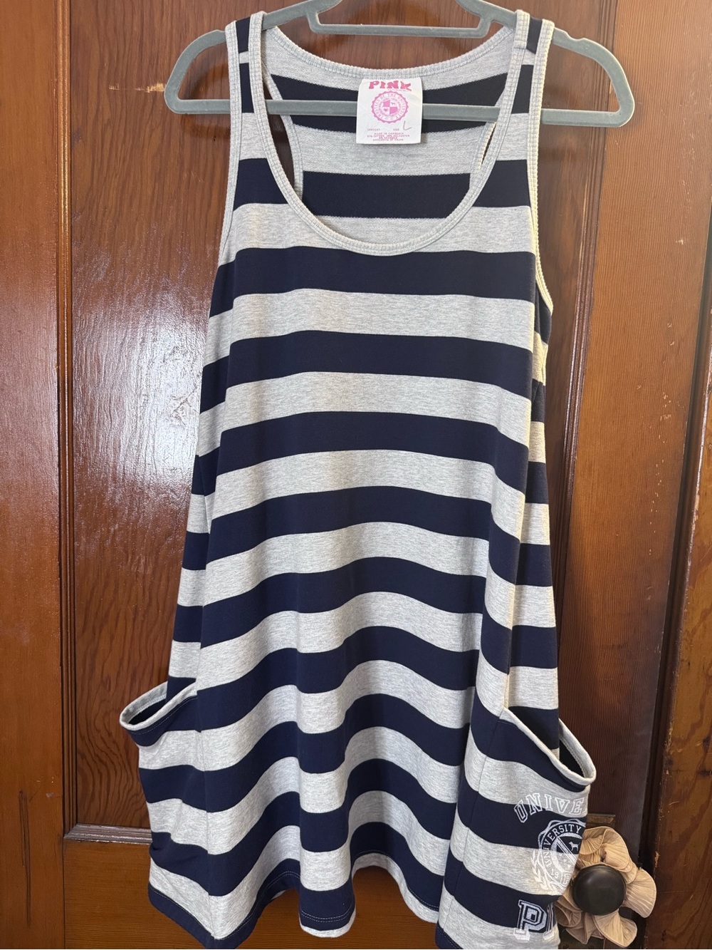 Vintage PINK Victoria's Secret Navy and Gray Striped Tank Midi Dress